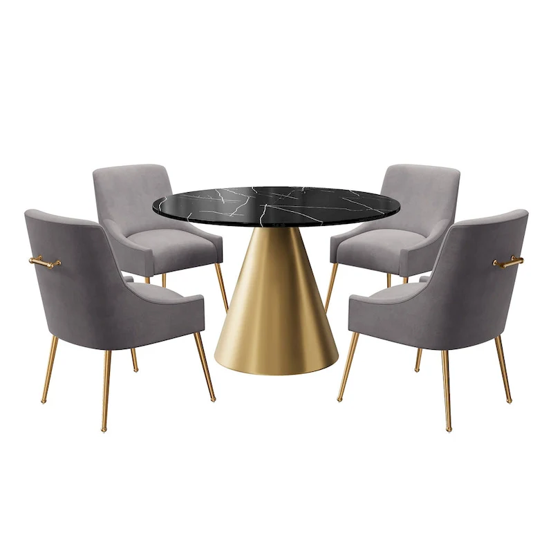 Clihome 5 Piece Black Marble Top Table with Velvet Dining Chair Set