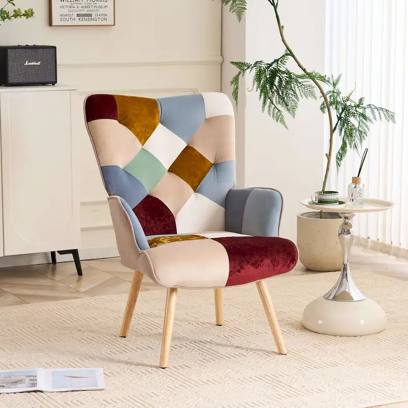 Gray / Patchwork Wingback Accent Chair — Micro Faux Linen, Rubberwood Legs, Single Seat