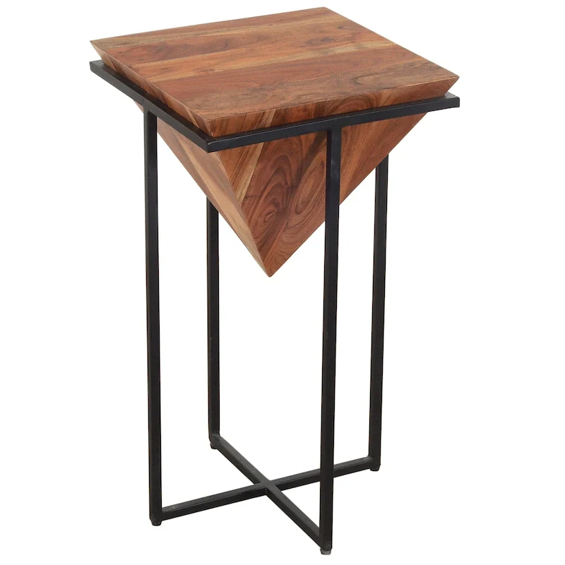 Ida 26 Inch Pyramid Shape Acacia Wood Side Table With Cross Iron Base, Brown and Black