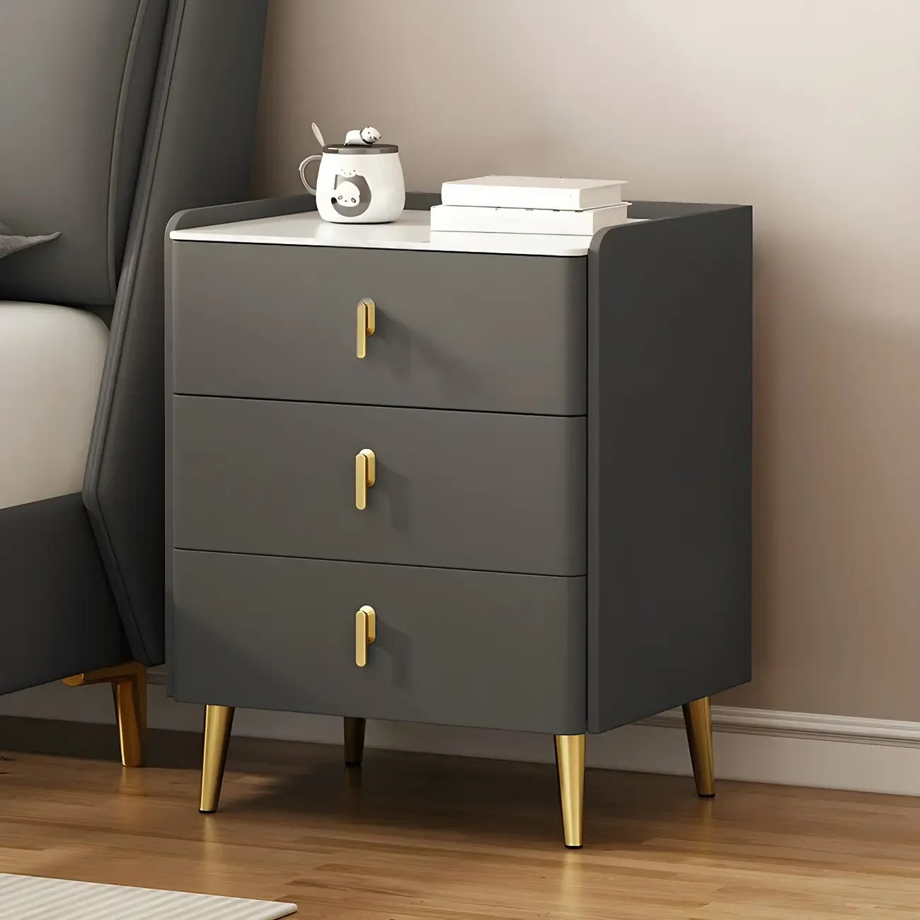 Modern Faux Leather 3 Drawers Nightstand with Stone Top