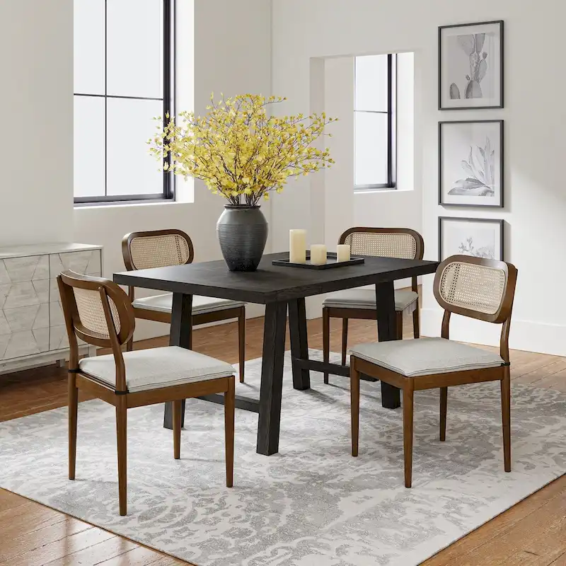 Modern Solid Wood Dining Chair with Rattan Back and Removable Cushion