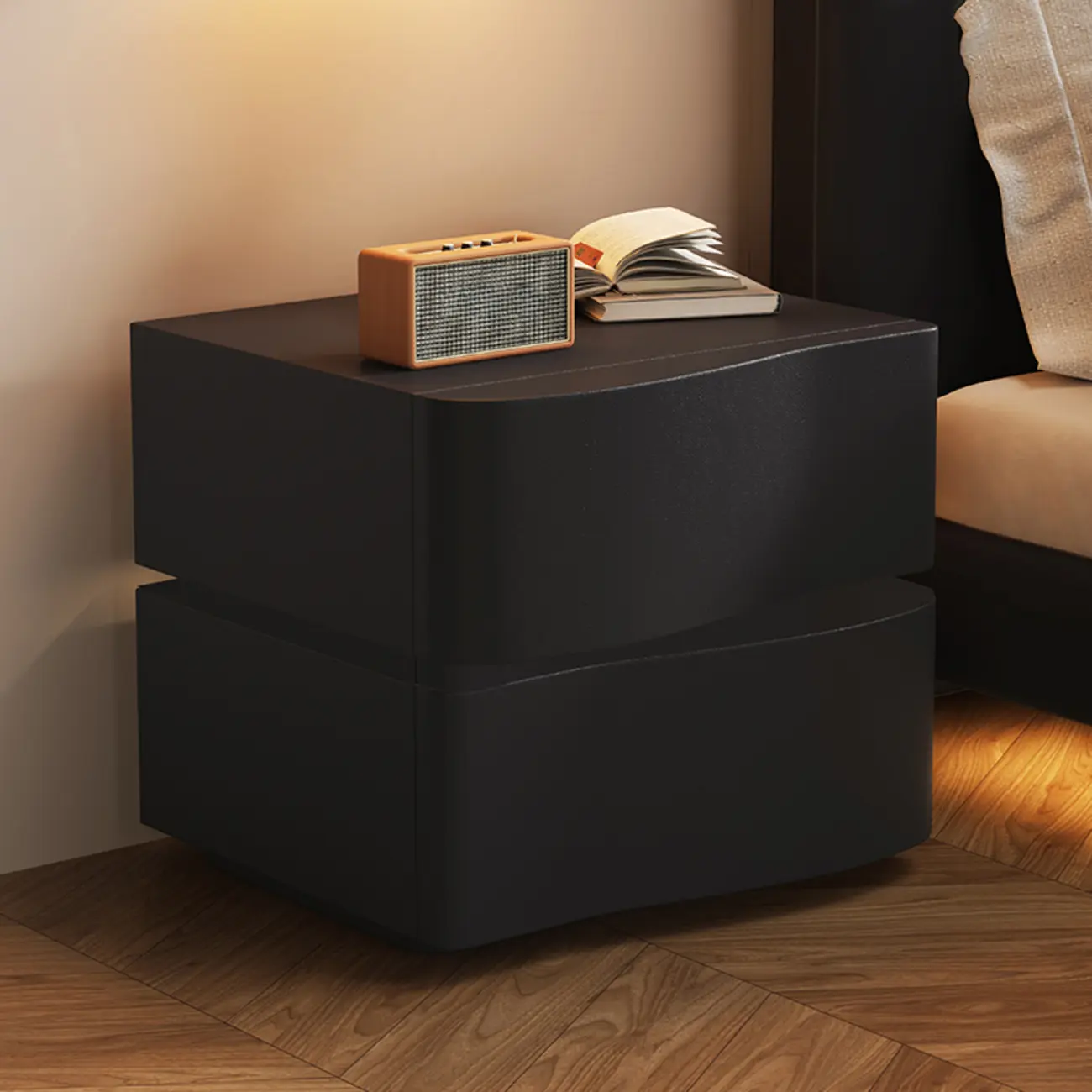 Stylish Black Wooden Wave 3 Drawers Nightstand