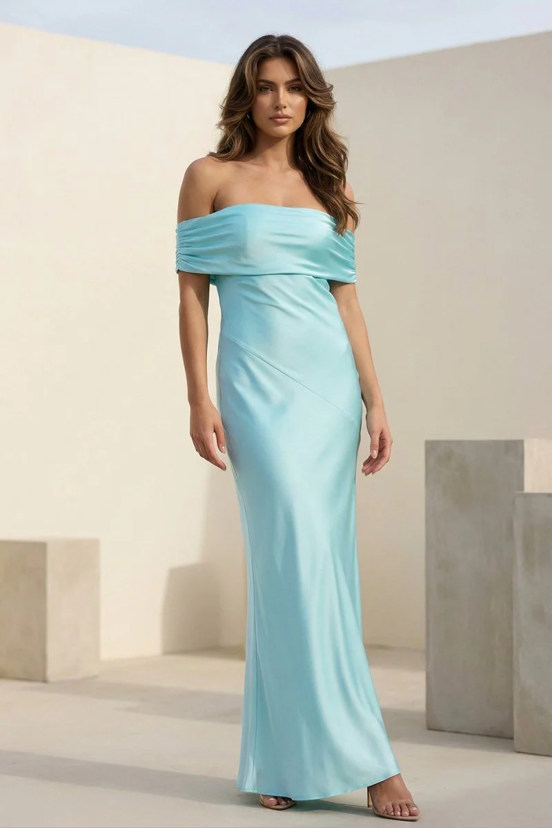 Aqua Sheath Off The Shoulder Satin Long Prom Dresses