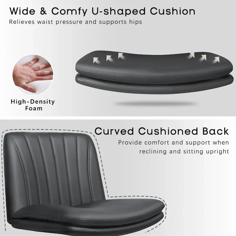 Cross Chair with Wheels,PU Leather Armless Cross Legged Office chair, Adjustable Wide Seat Task Vanity Chair