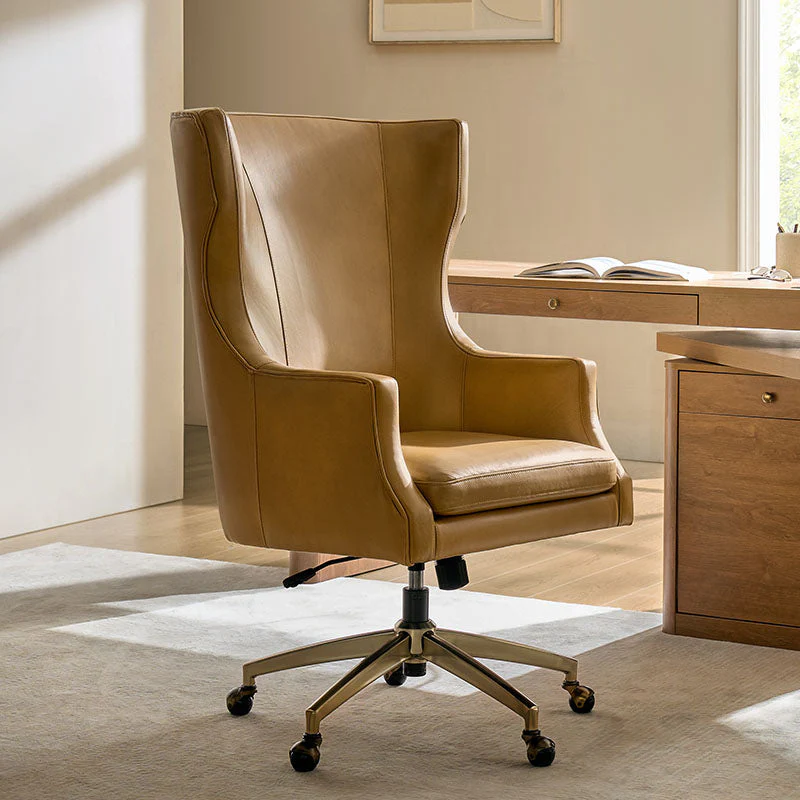 Genuine Leather Wingback High-Back Office Chair with Adjustable Height, Tilt Function & Swivel Base | Camel / Black / Navy / Brown | Single Seat
