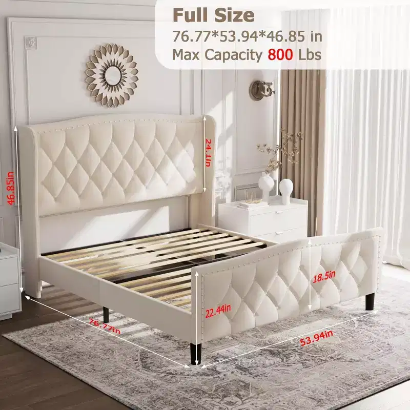 COZONY Velvet Upholstered Platform Bed, Full Size Wingback Headboard Bed with Wooden Slat Support