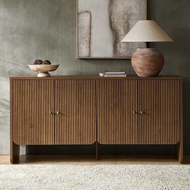 4-Door Fluted Sideboard with Adjustable Shelves, Cable Management & Round Handles | Walnut / Acorn / Oak | Single