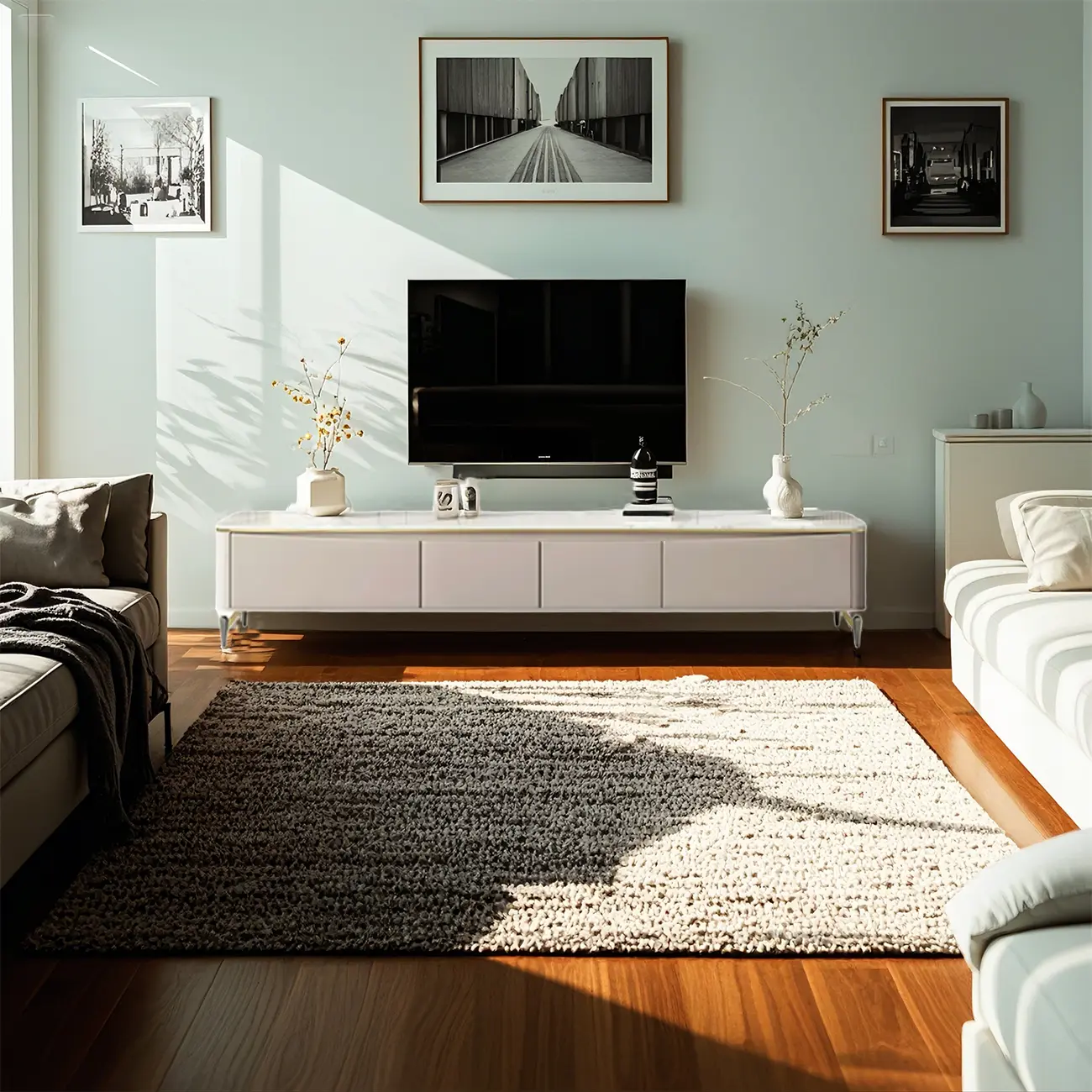 71 Modern White Stone Top TV Stand with Cable Management