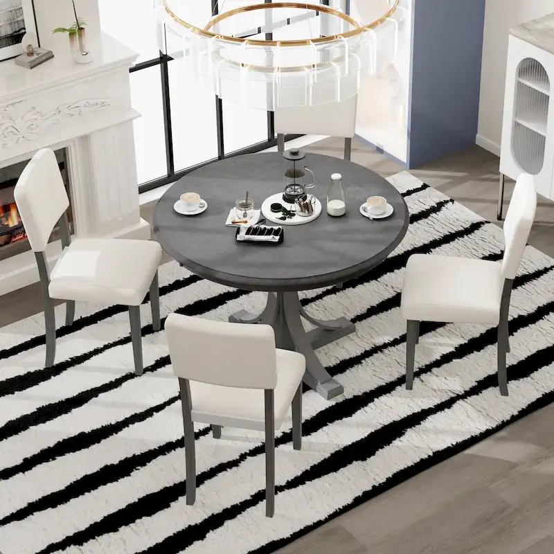 5-Piece Round Dining Table Set with Curved Trestle Style Table Legs and 4 Chairs