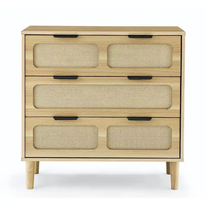Grondin Mid-Century Modern Boho Style 3 Rattan Drawers Chest with MDF Frame and Solid Wood Legs, Chest of Drawers