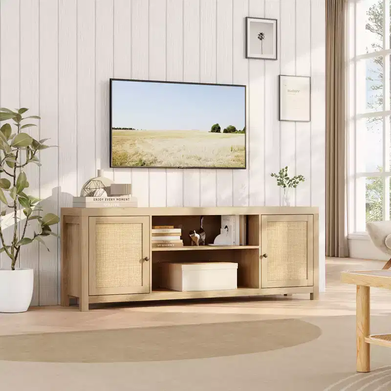 Farmhouse 66 TV Stand Entertainment Center, Modern Media Console with 2 Natural Rattan Doors & Height-Adjustable Shelves for Living Room, Bedroom