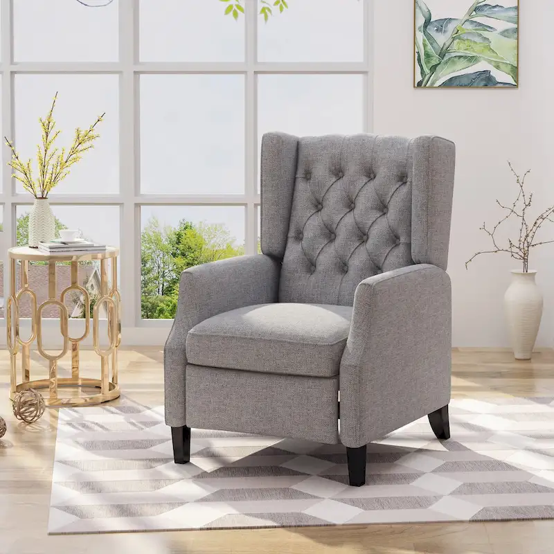 Grey Fabric Mid-Century Upholstered Wingback Push-Back Recliner with Footrest and Button-tufted Backrest