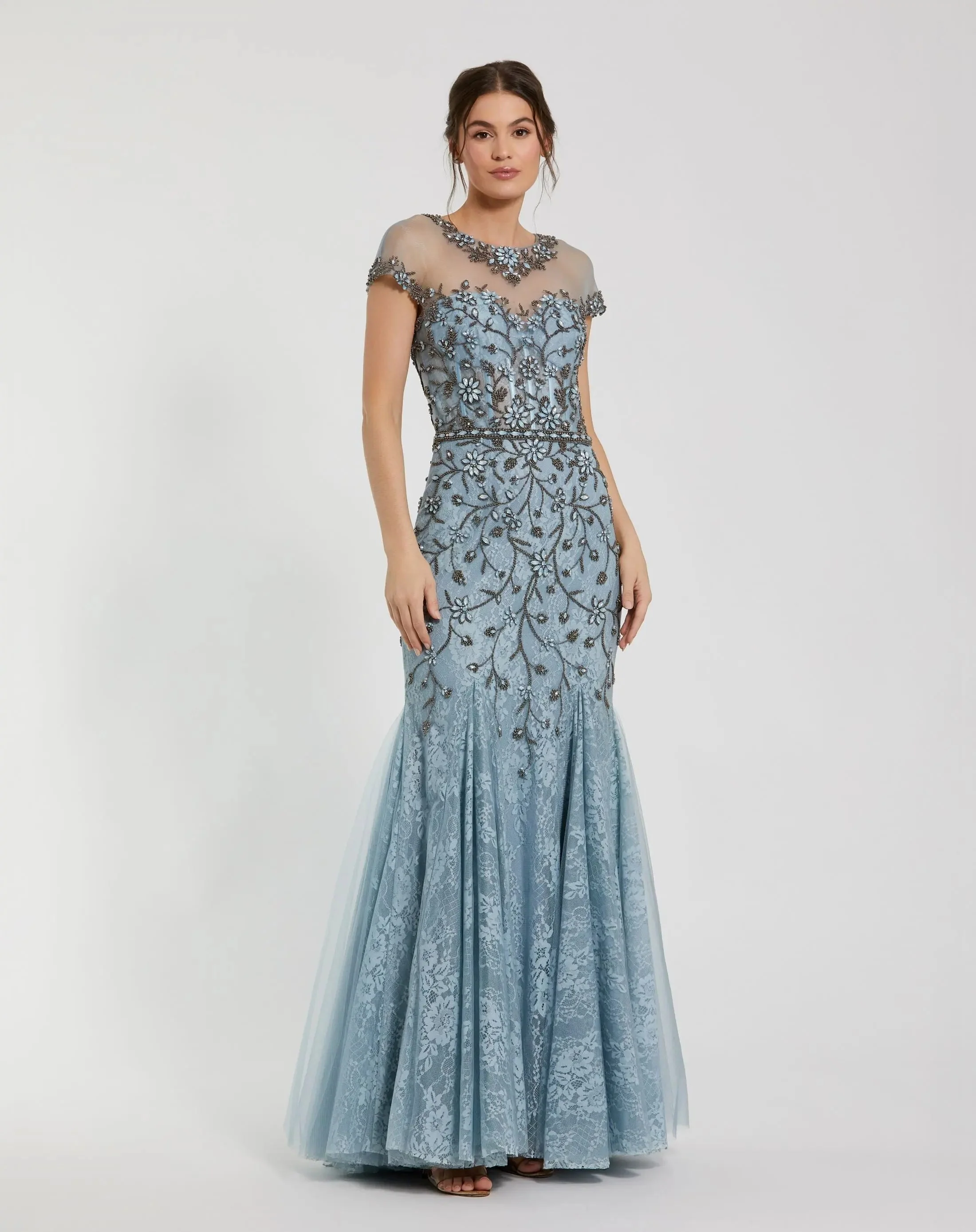 Blue Embellished Lace Evening Gown with Illusion Neckline