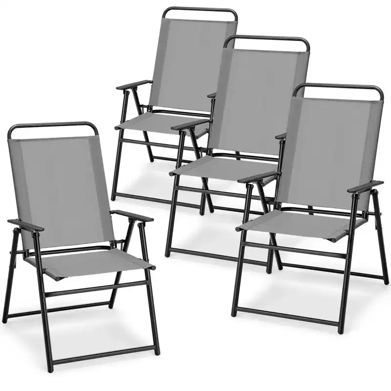 Costway Outdoor Folding Chairs Set of 2/4 Lightweight High Back Chairs w/ Armrests Cozy Seat Fabric
