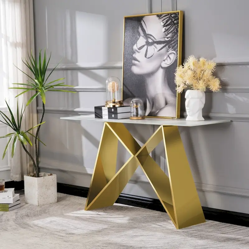 White Tempered Glass Console Table, Gold/Silver M-Base, 1-Person