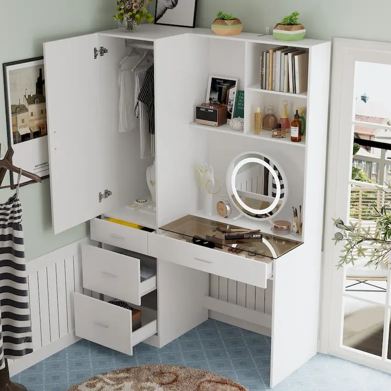 Wardrobe & Desk Ensemble - Space-Saving Bedroom Set Make Vanity Table