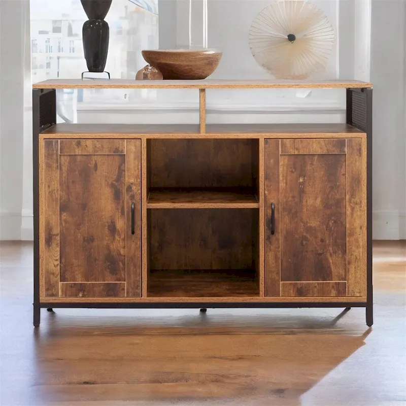Industrial Sideboard with Open Shelves & Doors – Rustic Brown & Black