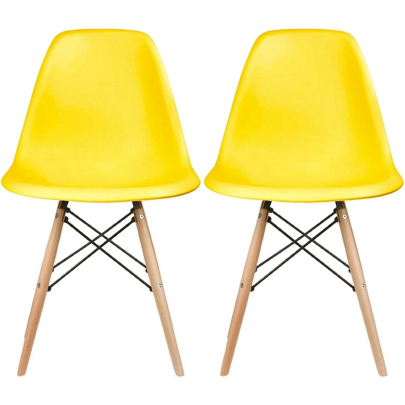 Set of 2 Mid-Century Modern Dining Chairs Armless Plastic Shell Seat with Natural Wooden Eiffel Leg Base, Red