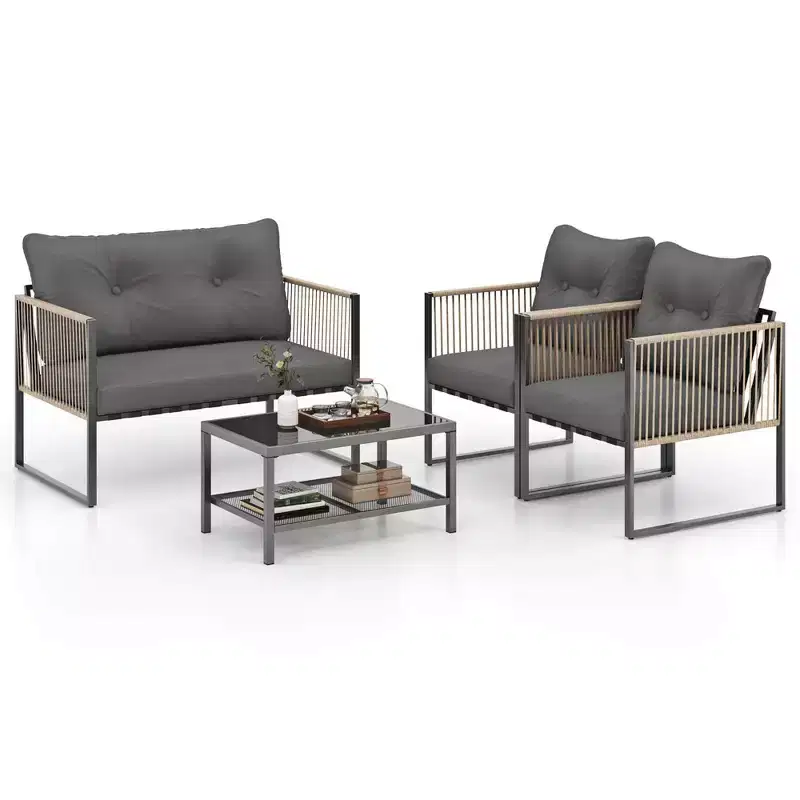 Costway 4/8 PCS Patio Furniture Set PE Rattan Conversation Sofa Set with Thick Cushions