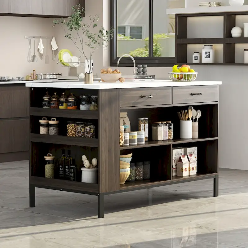 55.1 W Buffet Kitchen Island Cabinet with Open Shelves Two Drawers