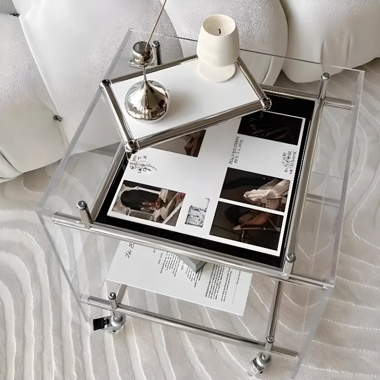 Stylish Clear Acrylic 360° Rolling Cubic Side Table