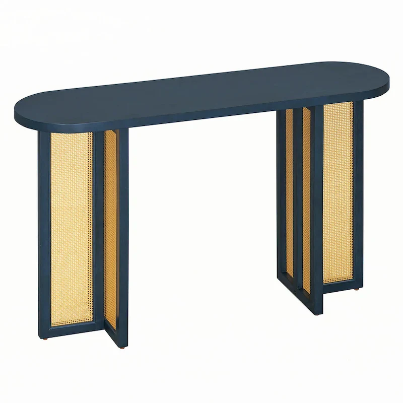 Farmhouse Rattan Console Table Entryway Table,Navy