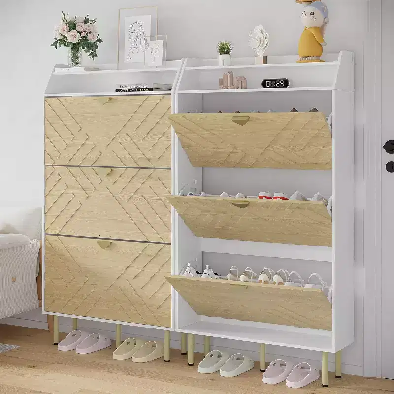 Space Saving Narrow Slim Shoe Cabinet, 3 Flip Drawers Freestanding Hidden Shoe Rack Organizer, Wood Grain Farmhouse Furniture for Entryway Hallway