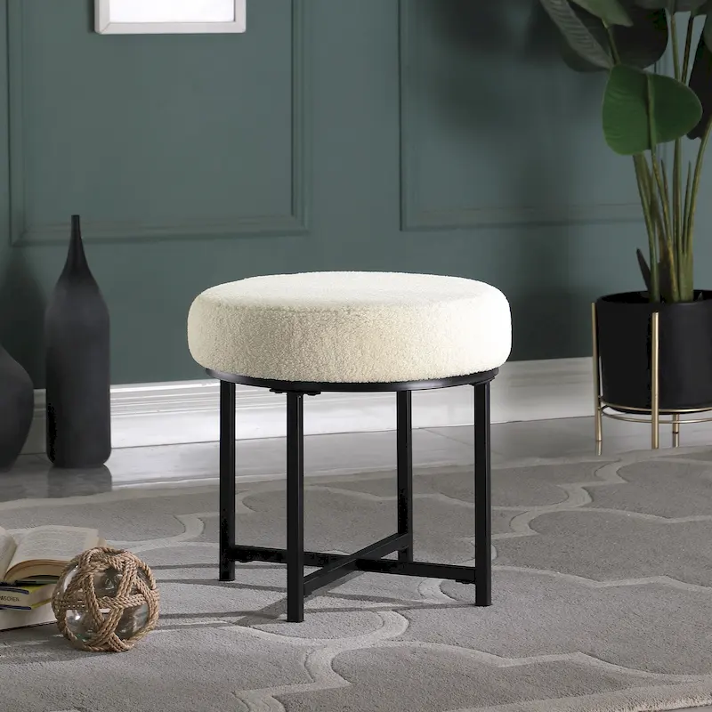 Round Upholstered top Ottoman on metal frame - Cream Faux Sheepskin
