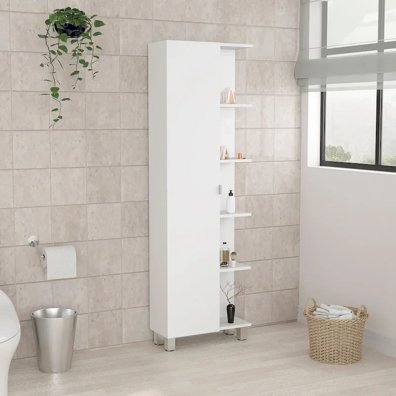 White Corner Linen Cabinet – Open Shelves & Single Door, 1-Person