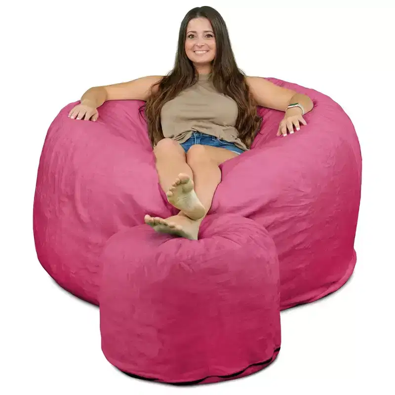 Ultimate Sack 5 Ft Foam Filled Fur Covered Bean Bag Chair with Footstool, Pink