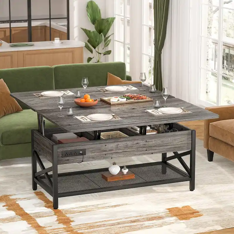 Farmhouse Lift Top Multi-Function Coffee Table Converts to Dining Table with LED Light and Power Outlet