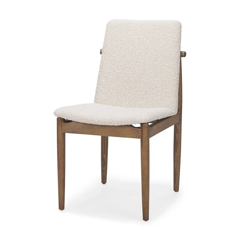 Cream Boucle Upholstered Dining Chair with Dark Brown Wood Frame