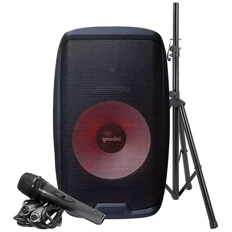Gemini AS Series Bluetooth Multi-LED Portable PA Speaker Kit with Stand and Wired Microphone, Black, AS-2115BT-LT-PK