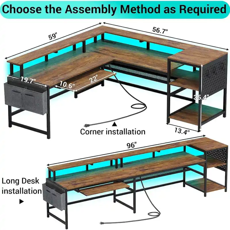 L Shaped Computer Desk Gaming Desk Keyboard Tray Power Outlets & LED