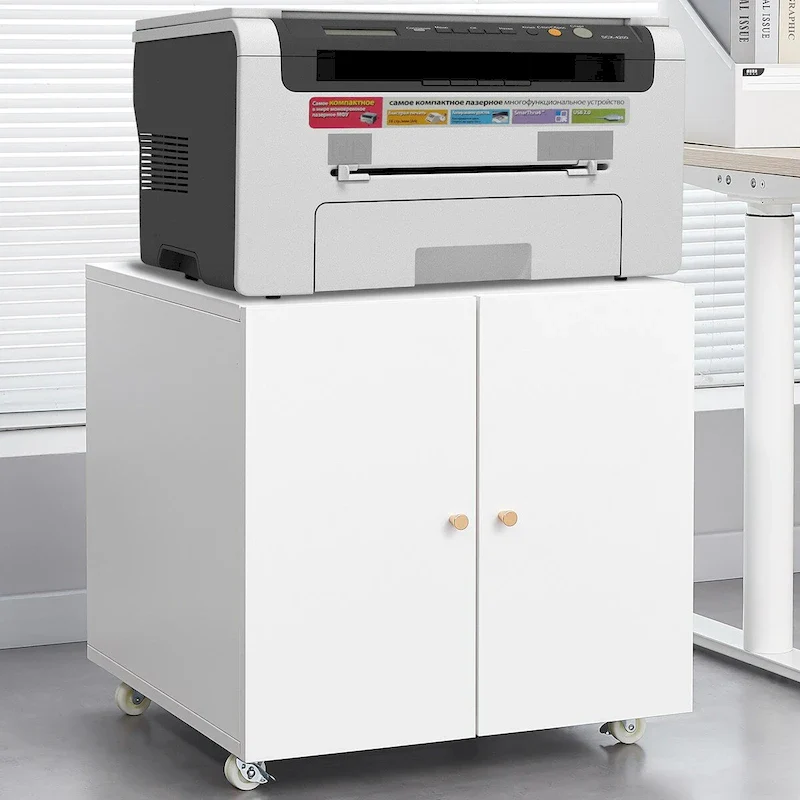 White Metal Printer Stand with Storage, Single-Person Use, Cabinet Style with Door & Wheels