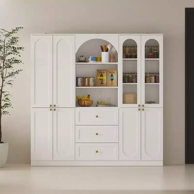 Famapy White Farmhouse Kitchen Pantry with Arch & Glass Doors,Large Capacity Kitchen Storage Hutch,Multi - Drawer Kitchen Organizer,Display Cabinet