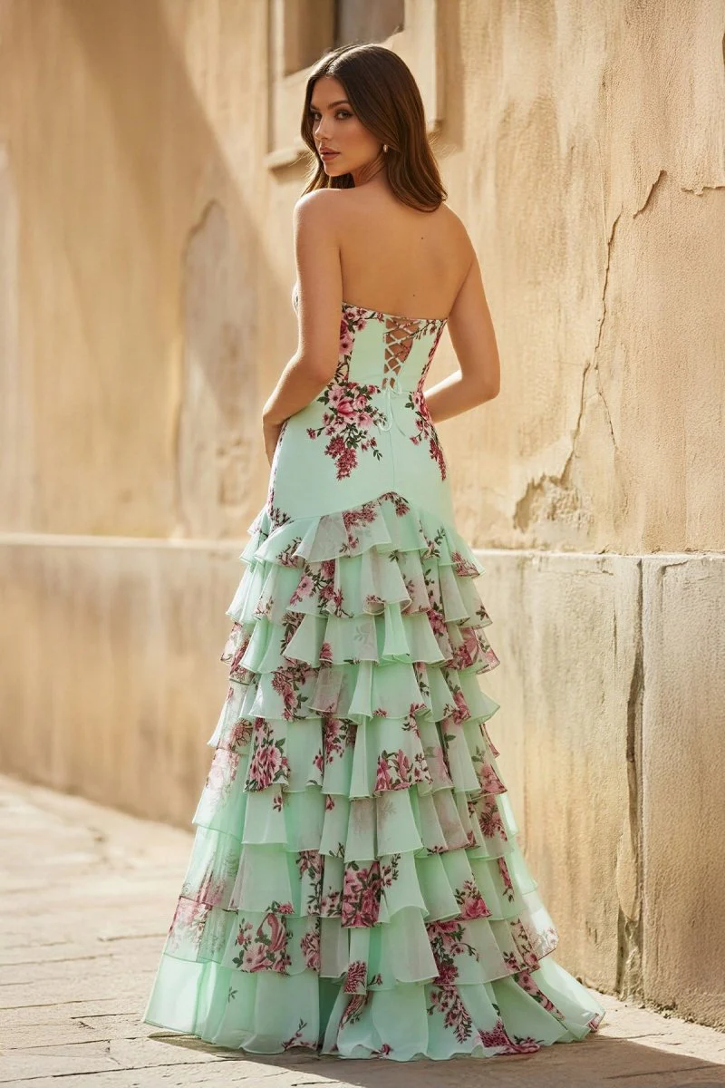 Sage Strapless Sheath Floral Chiffon Ruffles Long Formal Prom Dresses With Bow