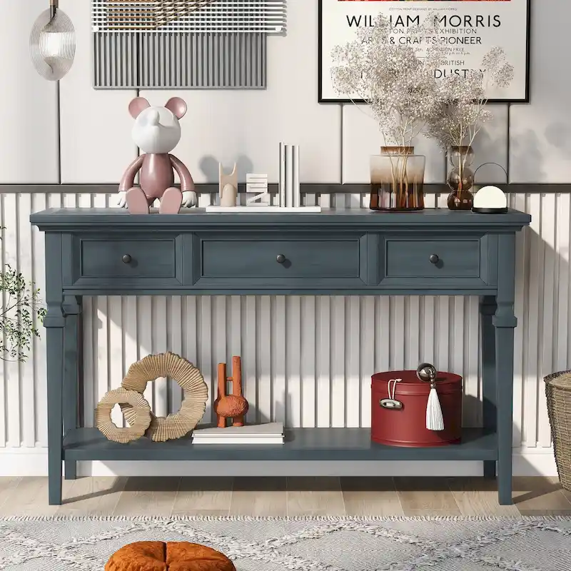 Retro Console Table with 3 Drawers & Bottom Shelf – Navy Blue / Antique White / Grey Wash / Espresso