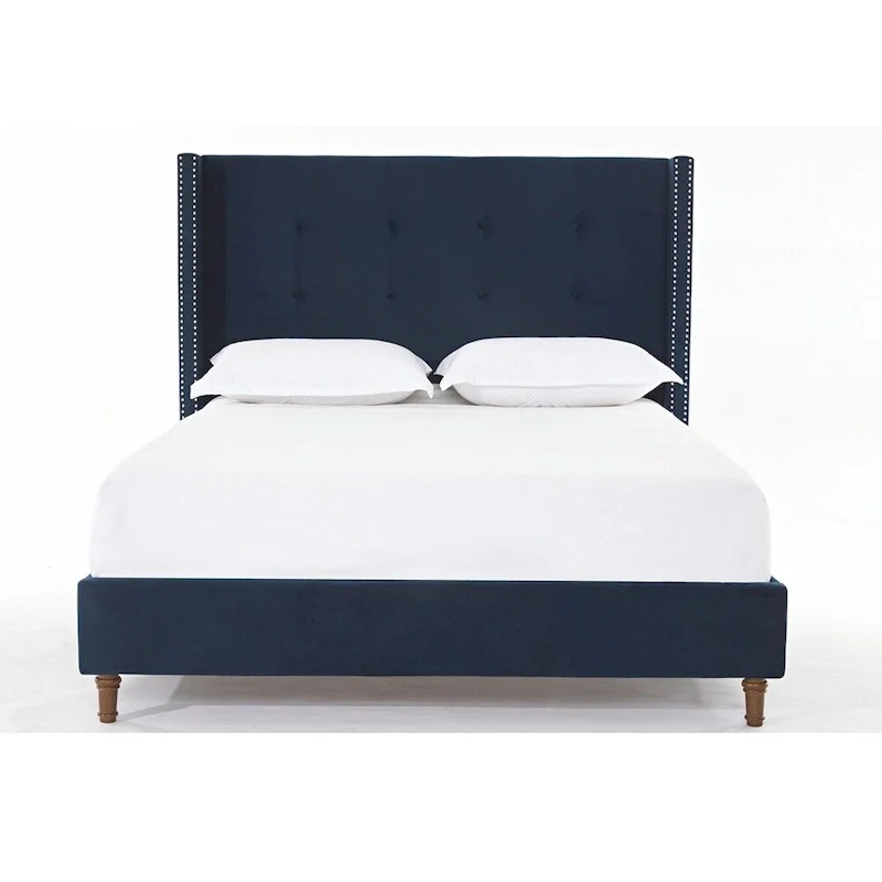 Velvet Upholstered Queen Bed - Wingback with Nailhead Trim