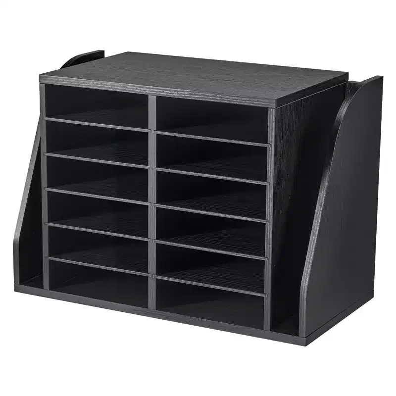 VEVOR Literature Organizer, 12 Compartments Office Mailbox with Side Vertical Storage, Wooden Mailbox Sorter Made of Particle Board, Black