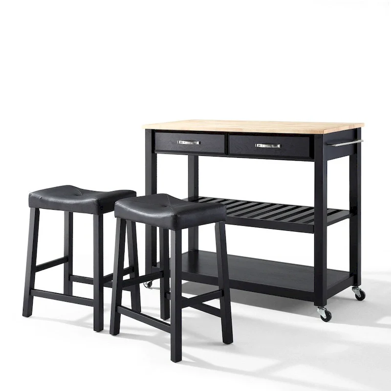 Crosley Black Natural Wood Top Kitchen Cart and Island with Black 24-inch Upholstered Saddle Stools - 17d x 43w x 35h