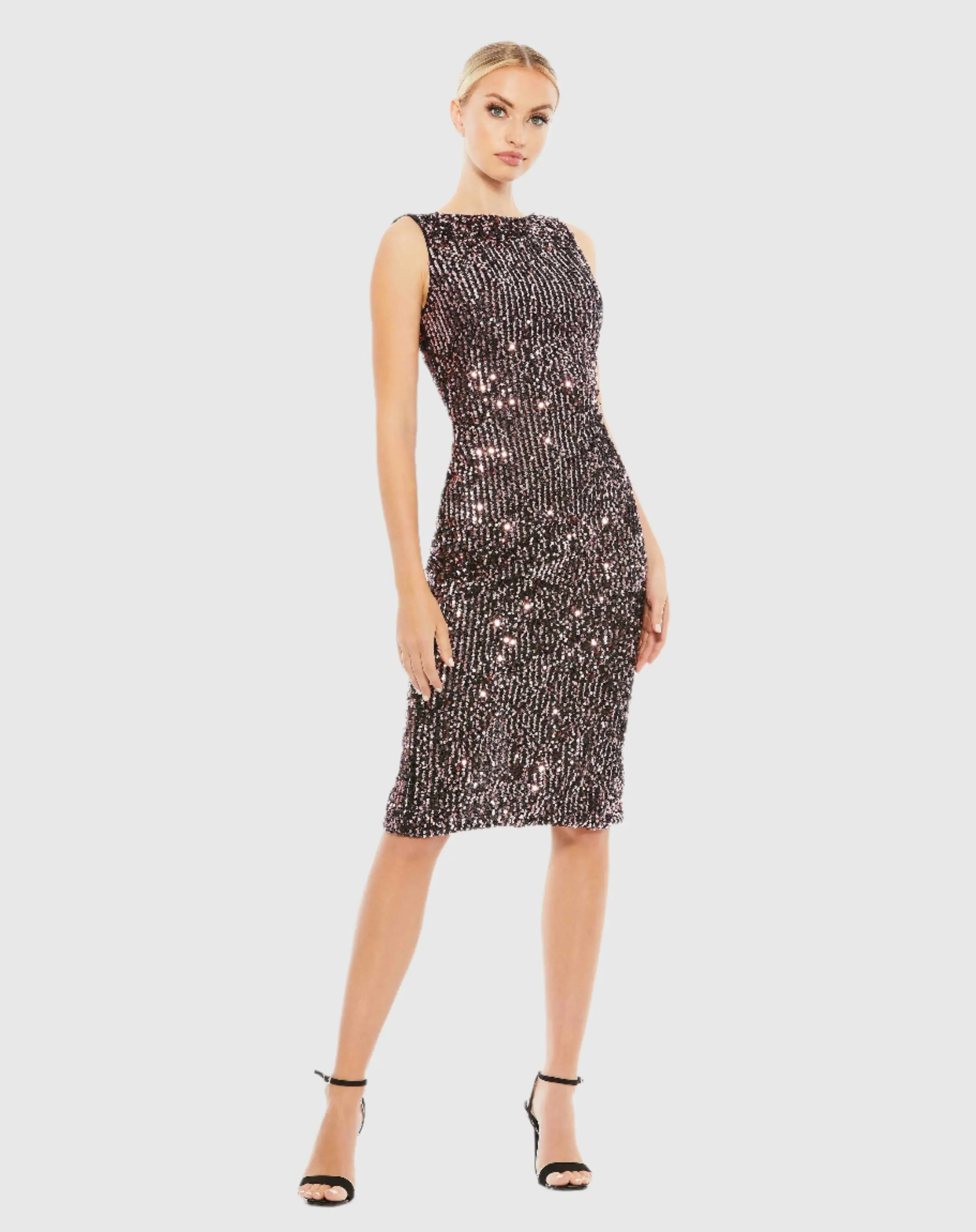 Black and Pink Draped Back Boat Neck Sequined Cocktail Dress