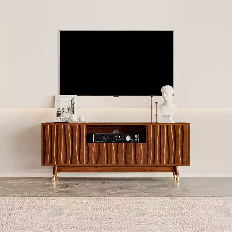 ATJafurn Wood TV Stand with Drawer and Cabinet, Mid Century Modern Entertainment Center with Solid Wood Feet, Brown Media Console for Living Room