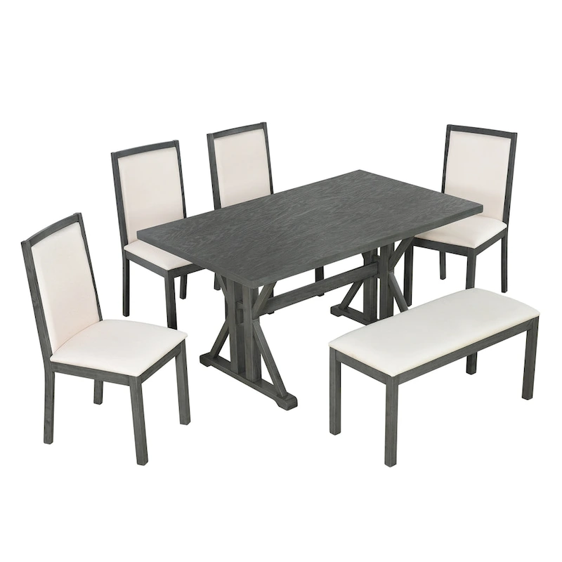 Farmhouse Style 6-Piece Dining Table Set with 4 Upholstered Dining Chairs and Bench