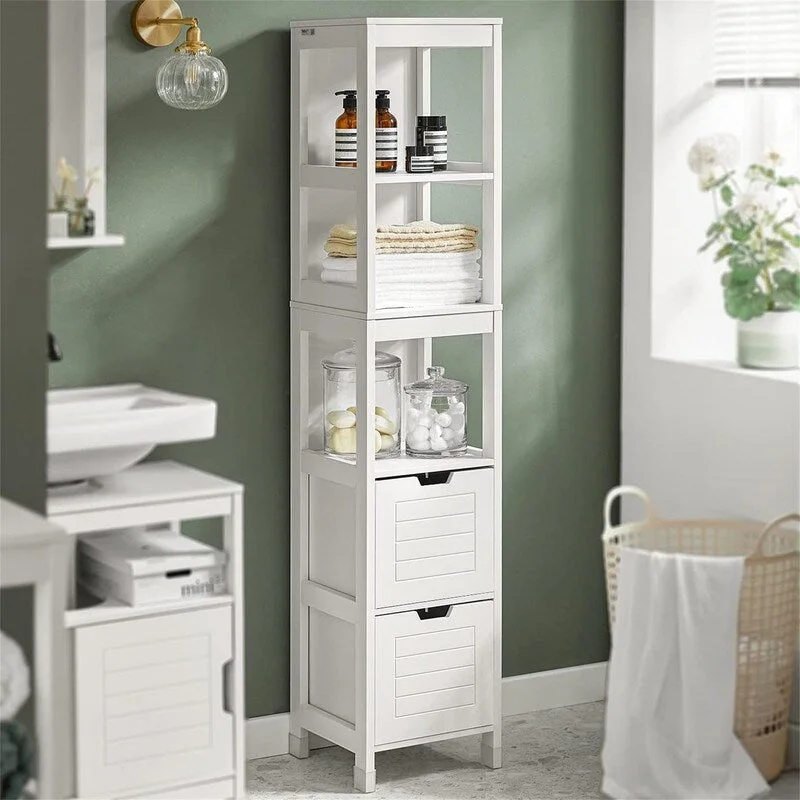 White Tall Bathroom Storage Cabinet with Shelves and Drawers