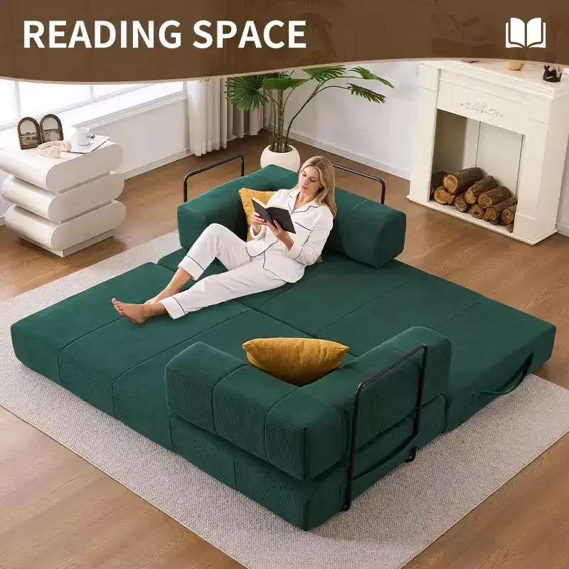 4-in-1 Convertible Sofa Bed, Corduroy Floor Couch Sleeper with 2 Pillows & Metal Arms, High-Density Foam Guest Bed, Green