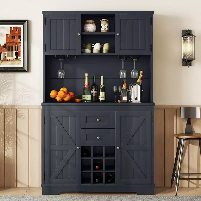 Farmhouse Coffee Bar Cabinet, Wine Storage Cabinet with Drawers Shelves, Buffet Cabinet Wine & Glass Racks for Dining Room, Kitchen
