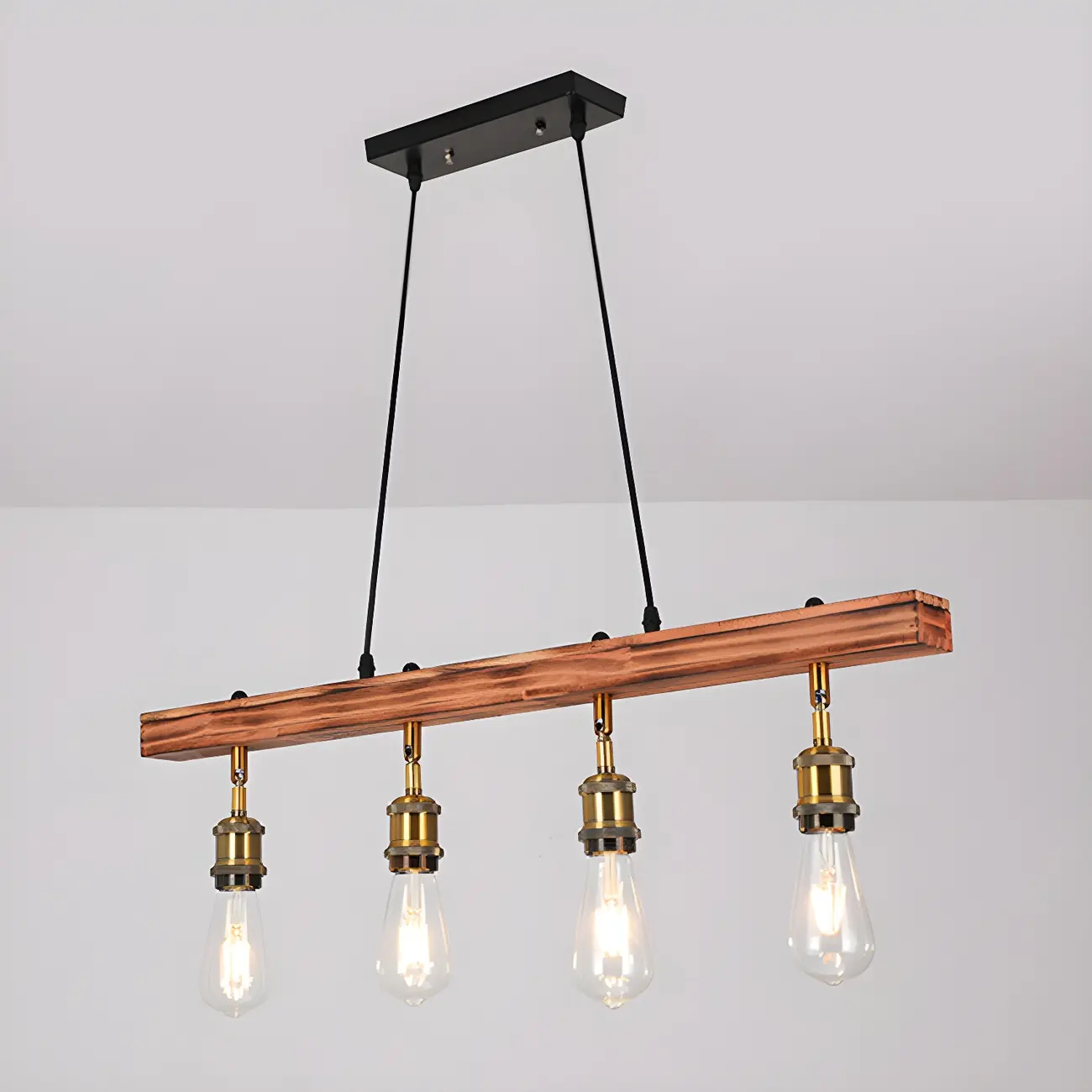 Industrial Brown Wood Brass Adjustable 31.5 Pendant Light