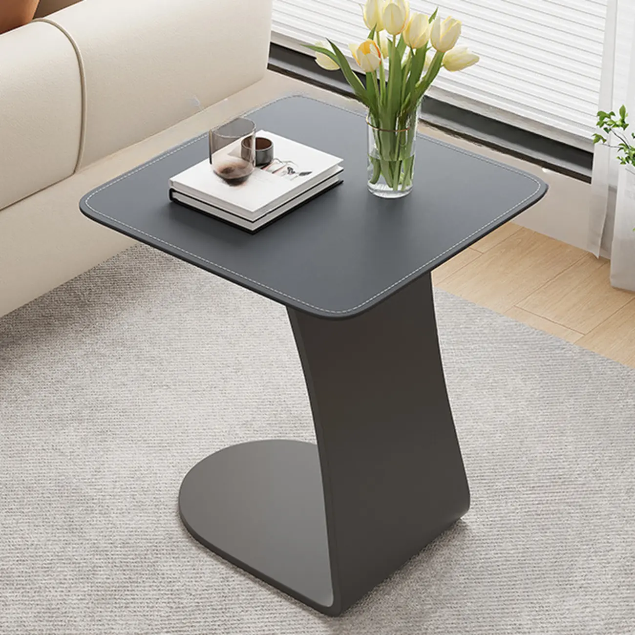 HomeyFad Square Leather Top C-Shape Metal Side Table