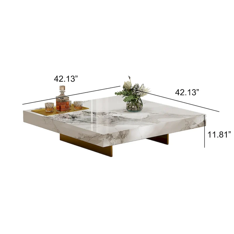 Modern 42 Faux Marble Square Coffee TableGlossy Sintered Stone Tabletop